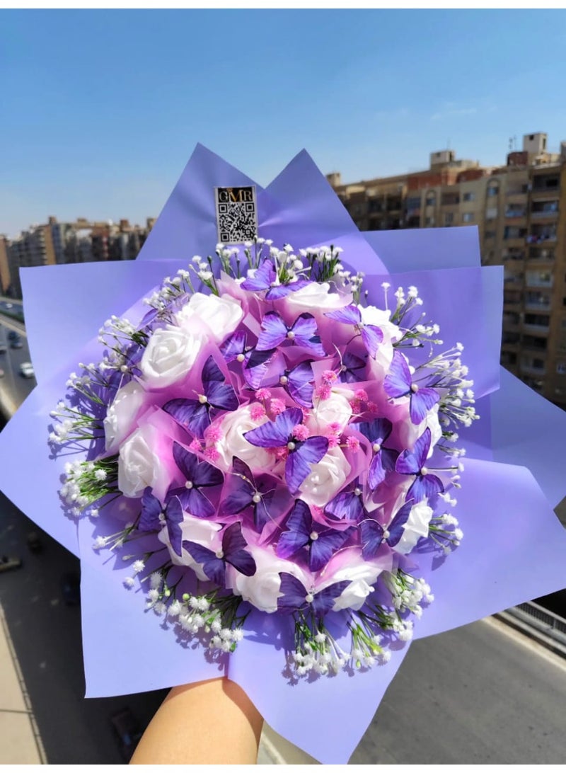 White Rose Bouquet with Purple Butterflies - Luxury Mixed Roses & Butterflies Bouquet