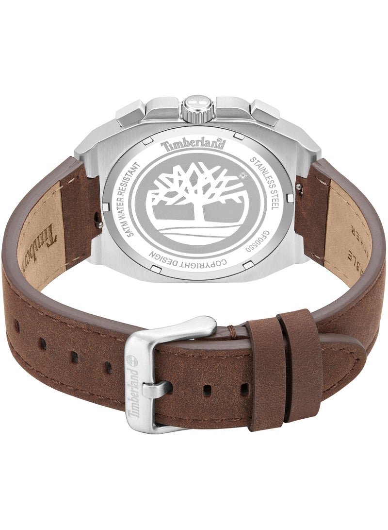 Timberland Men Mackinac Chronograph Watch - Brown Leather Strap, Blue Dial, Round Shape Stainless Steel Analog Wrist Watch, 46mm - Image 3