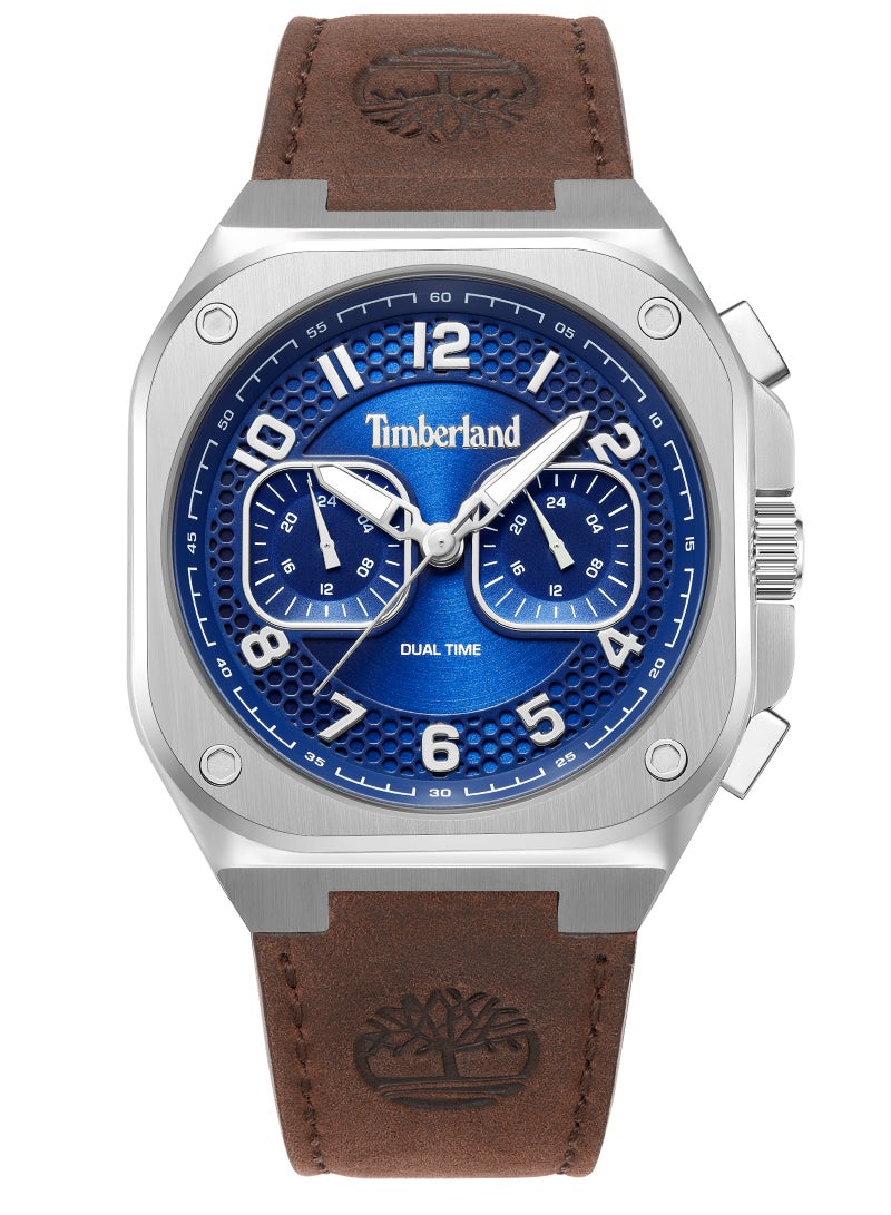 Timberland Men Mackinac Chronograph Watch - Brown Leather Strap, Blue Dial, Round Shape Stainless Steel Analog Wrist Watch, 46mm - Image 1