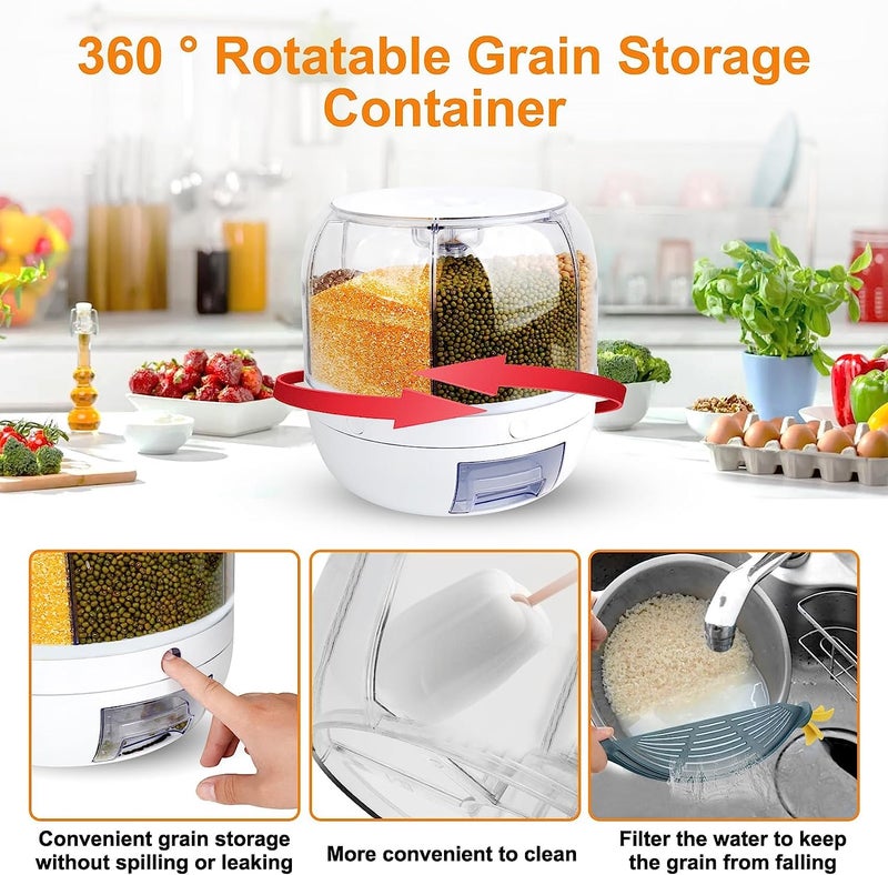 Yagzon Rice Dry Food Round Dispenser Kitchen Organizer 6Grid 360 Rotating Grain Container for Home Cereal Transparent Bucket Storage Box Beans Clear Cans Gift for Women Friend Adult - Image 4