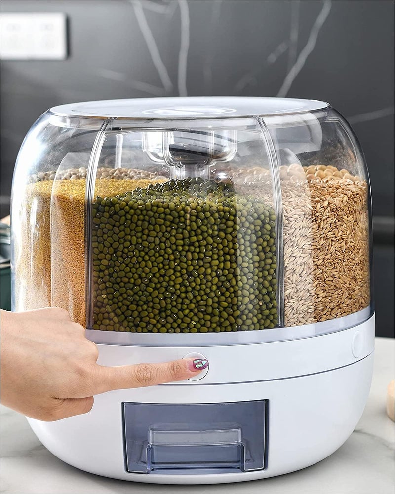 Yagzon Rice Dry Food Round Dispenser Kitchen Organizer 6Grid 360 Rotating Grain Container for Home Cereal Transparent Bucket Storage Box Beans Clear Cans Gift for Women Friend Adult - Image 1