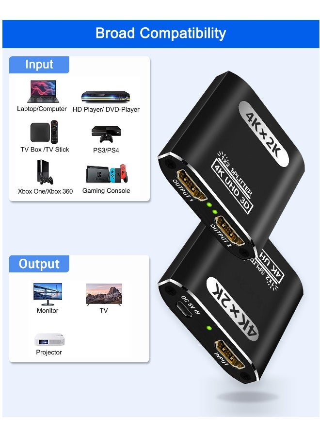 4K HDMI Splitter 1 in 2 Out for Dual Monitors, Supports 3D, Full HD 1080P, Aluminum HDMI Splitter Adapter, Compatible with Fire Stick, Xbox, PS, Roku, Cable Box, HDTV (1 Source to 2 Displays)  - Image 3