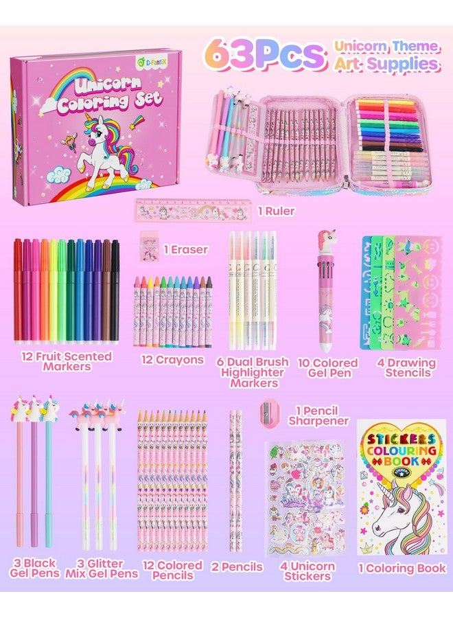 D-FantiX Unicorn Art Supplies Convertible Bag for Girls, 63Pcs Coloring Drawing Set for Kids with Fruit Scented Markers, Portable Travel Activity Kit, Birthday Gift for 4 5 6 7 8-12 Year Old Girls - Image 2
