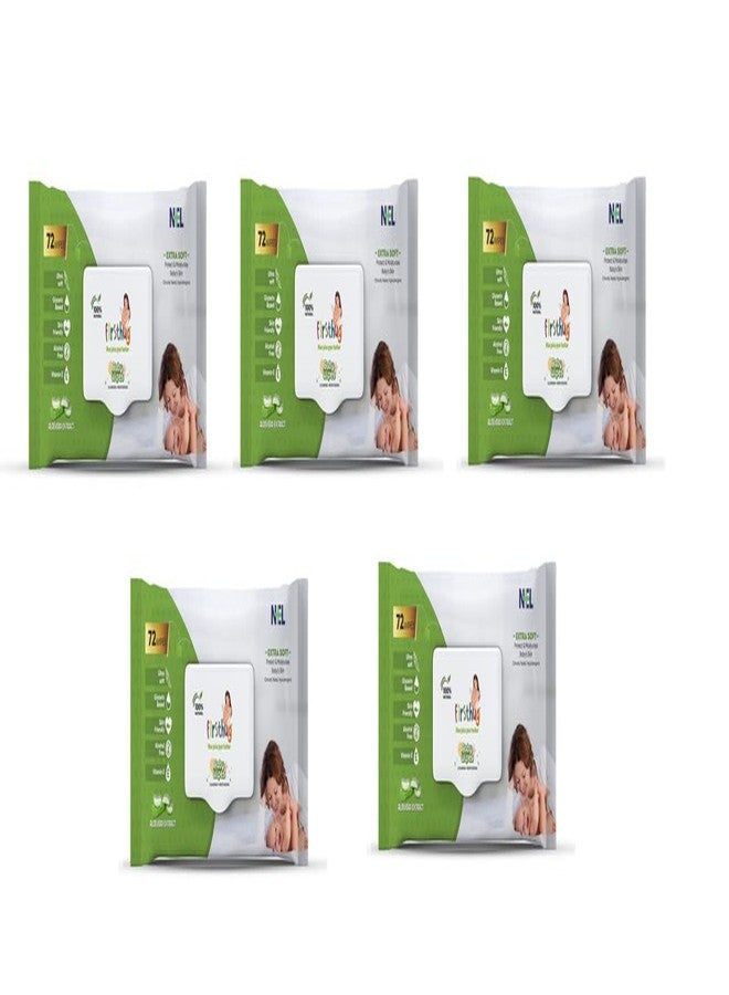 Firsthug Mositurising wipes for baby skin with Aloe Vera Extract, 72 Wipes/Pack, Pack of 5 - Image 1