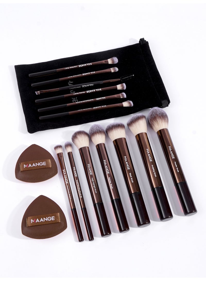 MAANGE مجموعة أدوات المكياج 16 قطعة، مجموعات فرش المكياج الاحترافية - تشمل فرشاة أحمر الخدود، فرشاة تحديد الوجه، فرشاة الأساس، فرشاة خافي العيوب، فرشاة ظلال العيون، إسفنجة بودرة وحقائب قماشية (بني) - Image 3