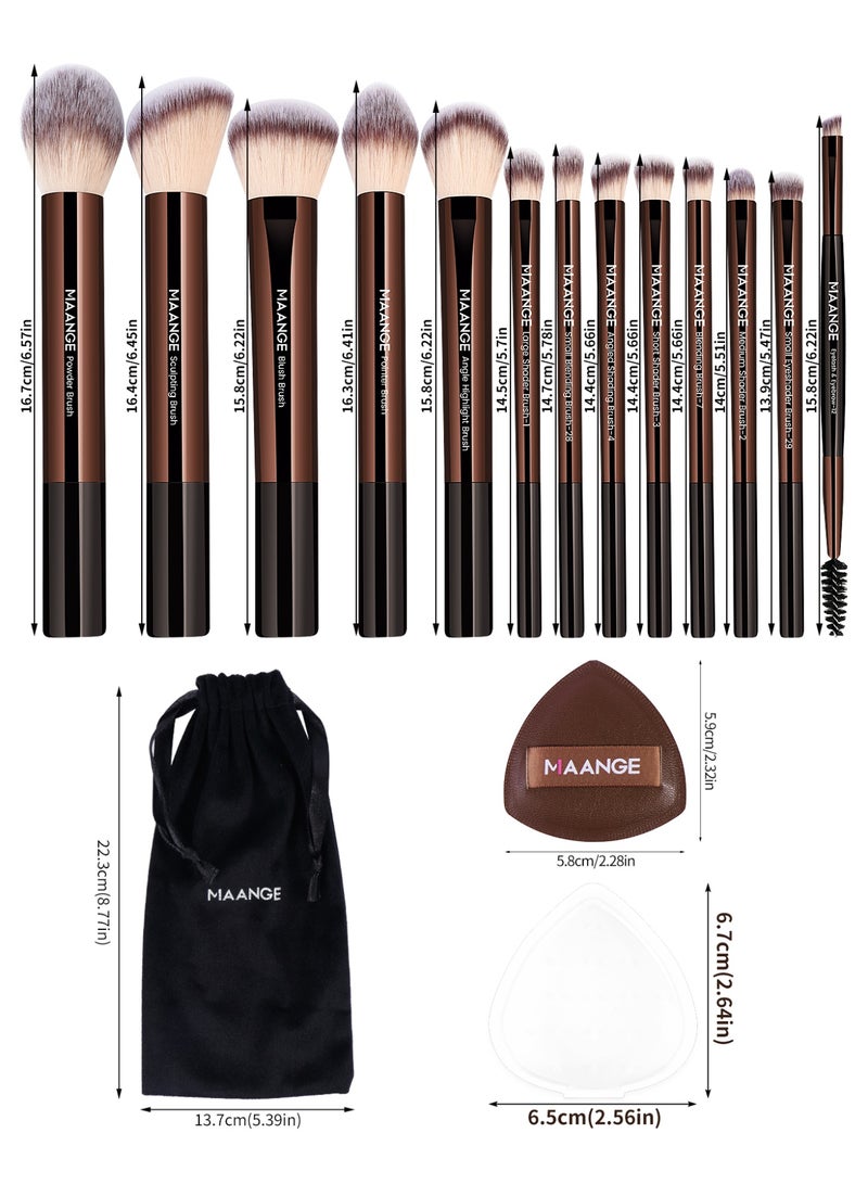 MAANGE مجموعة أدوات المكياج 16 قطعة، مجموعات فرش المكياج الاحترافية - تشمل فرشاة أحمر الخدود، فرشاة تحديد الوجه، فرشاة الأساس، فرشاة خافي العيوب، فرشاة ظلال العيون، إسفنجة بودرة وحقائب قماشية (بني) - Image 4