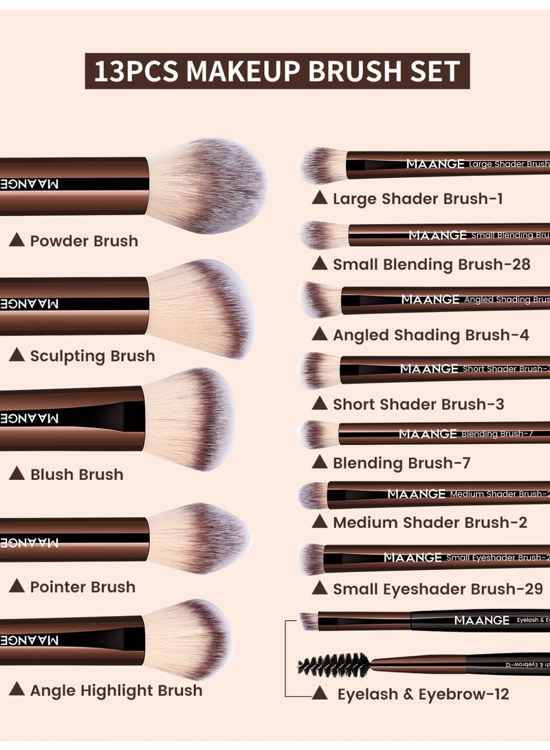 MAANGE مجموعة أدوات المكياج 16 قطعة، مجموعات فرش المكياج الاحترافية - تشمل فرشاة أحمر الخدود، فرشاة تحديد الوجه، فرشاة الأساس، فرشاة خافي العيوب، فرشاة ظلال العيون، إسفنجة بودرة وحقائب قماشية (بني) - Image 5