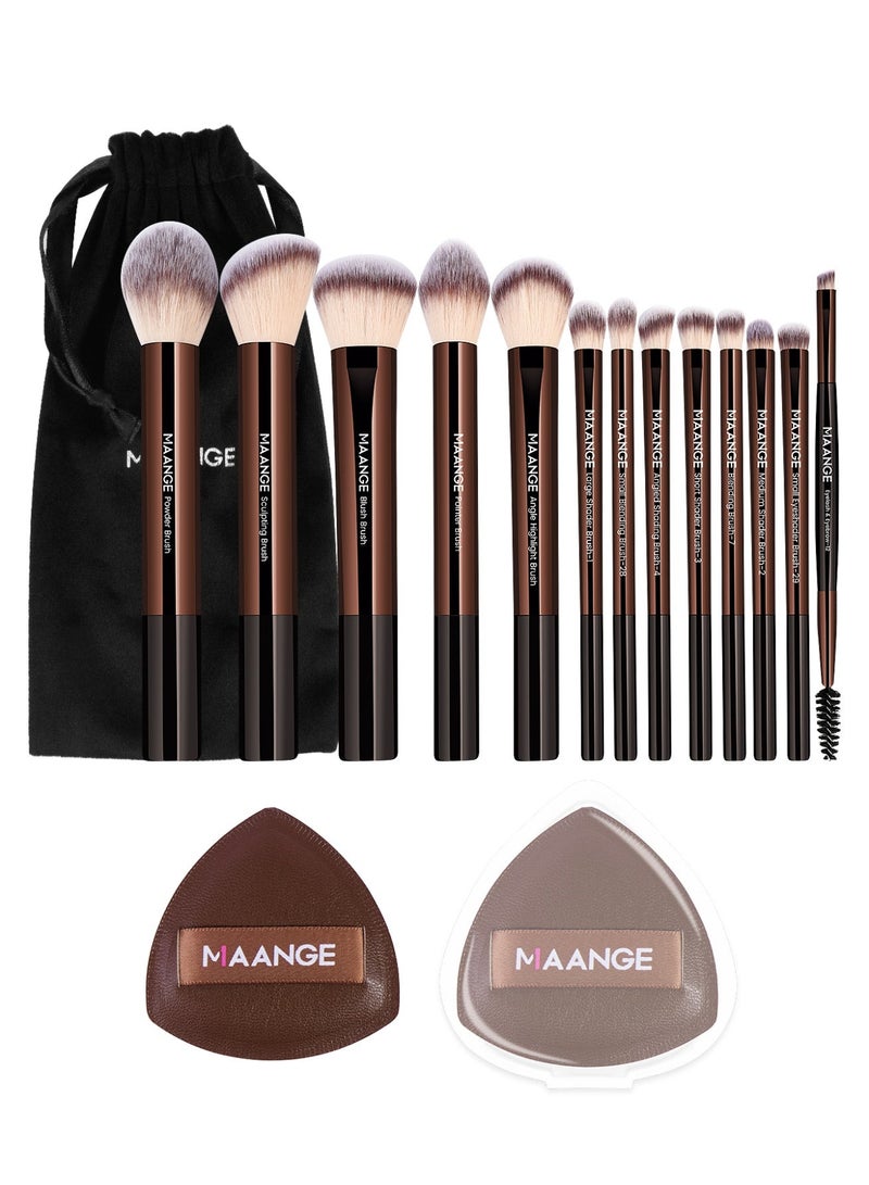 MAANGE مجموعة أدوات المكياج 16 قطعة، مجموعات فرش المكياج الاحترافية - تشمل فرشاة أحمر الخدود، فرشاة تحديد الوجه، فرشاة الأساس، فرشاة خافي العيوب، فرشاة ظلال العيون، إسفنجة بودرة وحقائب قماشية (بني) - Image 2
