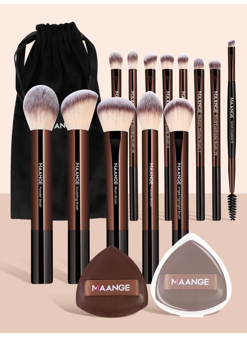 MAANGE مجموعة أدوات المكياج 16 قطعة، مجموعات فرش المكياج الاحترافية - تشمل فرشاة أحمر الخدود، فرشاة تحديد الوجه، فرشاة الأساس، فرشاة خافي العيوب، فرشاة ظلال العيون، إسفنجة بودرة وحقائب قماشية (بني) - Image 1