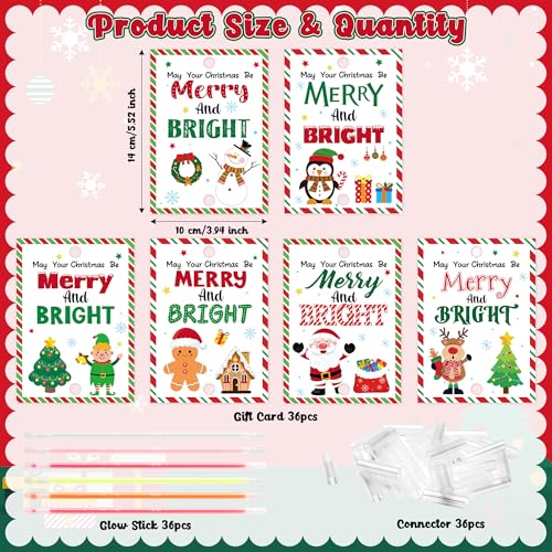 Haooryx Christmas Glow Stick Bracelets Bulk 36 Pack Merry and Bright Glow Stick Bracelet with Gift Card Light up Toy for Kids Christmas Night School Party Favor Student Reward Game Prize Xmas Supply - Image 5