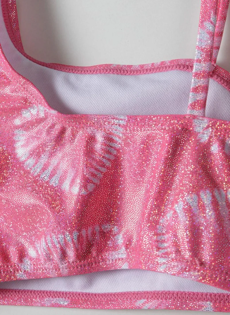 MINOTI Girls' Pink Glitter Bikini Set with Shell Tie-Dye Print – Asymmetrical Strap Top
