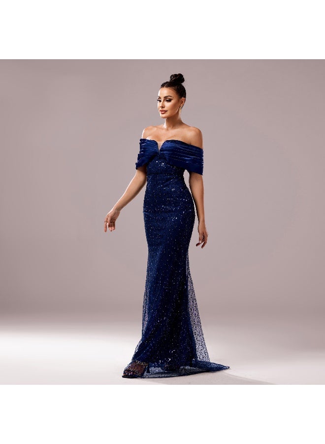 Madam Uniq Navy Blue Off - Shoulder Sequined Mermaid Gown - Image 4
