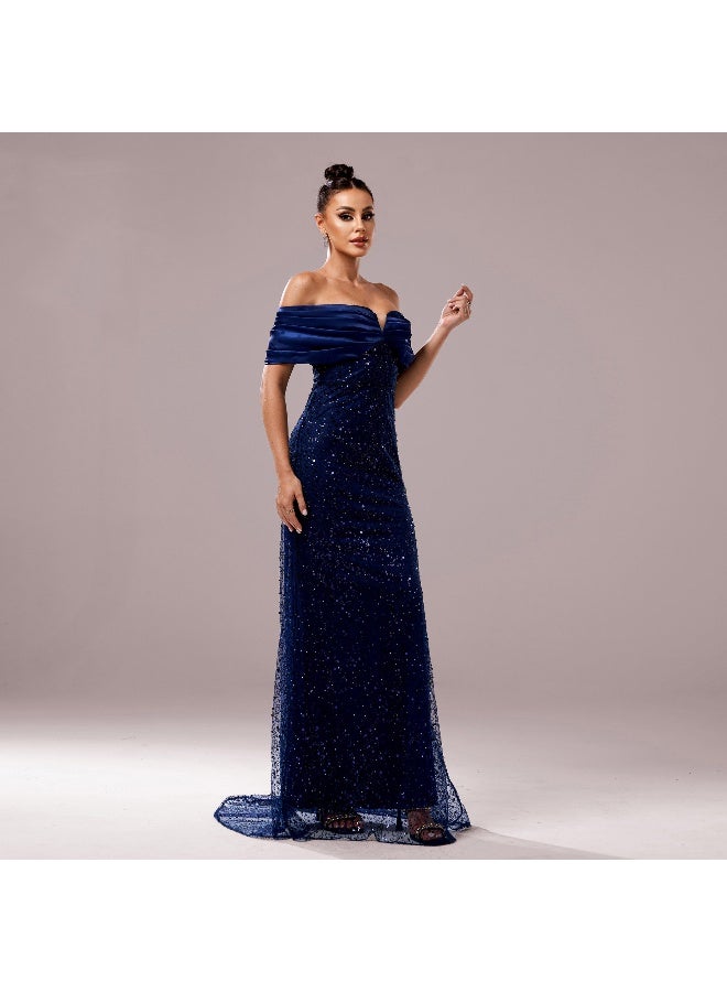 Madam Uniq Navy Blue Off - Shoulder Sequined Mermaid Gown - Image 3