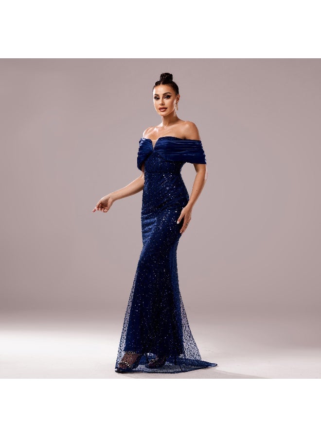 Madam Uniq Navy Blue Off - Shoulder Sequined Mermaid Gown - Image 5