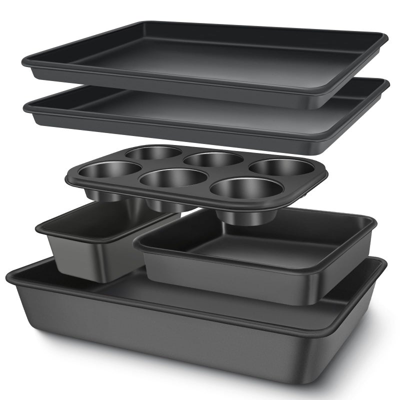 AIVIKI Baking Pans Set, Nonstick Bakeware Sets, Oven Pans for Cooking, AIVIKI 6 Pieces Baking Sheets Set Including Cookie Sheet, Deep Roaster Pan, Square Pan, Loaf Pan, Muffin Pan, Carbon Steel Baking Set - Image 1