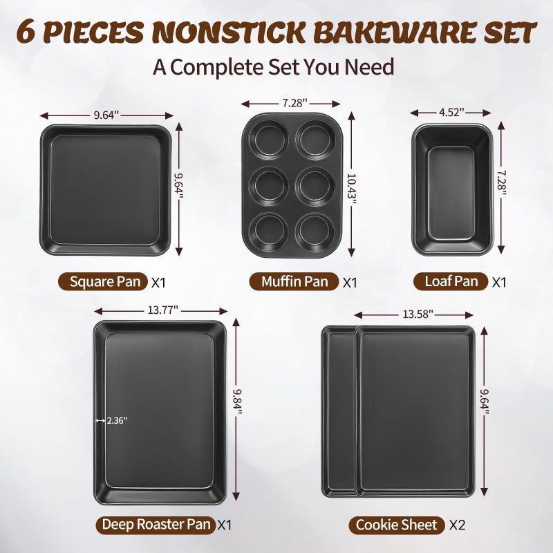 AIVIKI Baking Pans Set, Nonstick Bakeware Sets, Oven Pans for Cooking, AIVIKI 6 Pieces Baking Sheets Set Including Cookie Sheet, Deep Roaster Pan, Square Pan, Loaf Pan, Muffin Pan, Carbon Steel Baking Set - Image 2