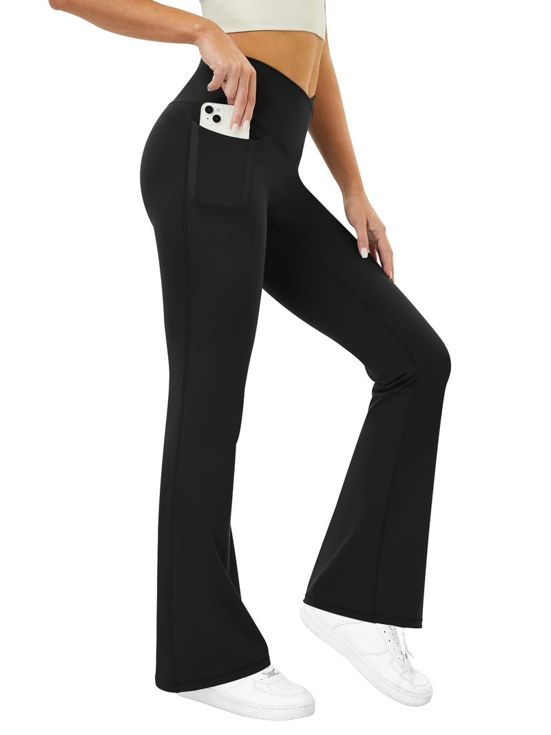COPYLEAF Flare Leggings with Pockets for Women Seamless Crossover Yoga Pants with Tummy Control Bootcut Work Pants Trendy Black - Image 4