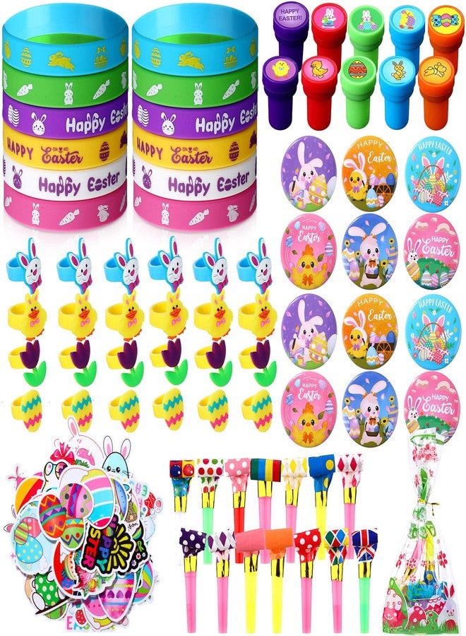 Honoson 194 Pcs Easter Party Favors Set for Kids Bulk Easter Egg Fillers Toys with Goodie Bags Stickers Stampers Ring Bracelets Pin Party Blower for Kid Birthday Gifts Prizes Basket Stuffers - Image 1