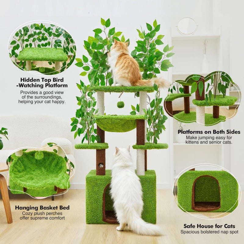 Woochpet 60 inch Cat Tree with Leaves for Climbing, Hiding and Sleeping Cat Tower with Hammock, Scratching Post and Large Cat House - Image 2