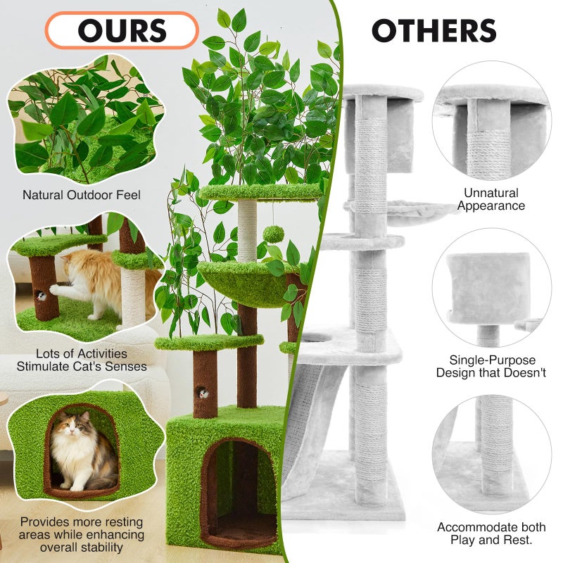 Woochpet 60 inch Cat Tree with Leaves for Climbing, Hiding and Sleeping Cat Tower with Hammock, Scratching Post and Large Cat House - Image 4