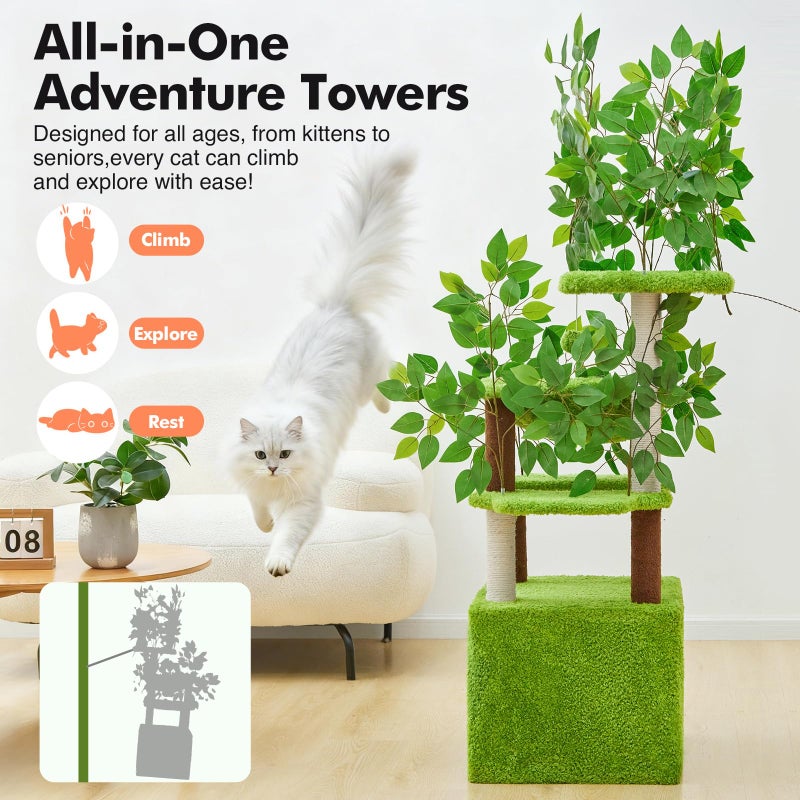 Woochpet 60 inch Cat Tree with Leaves for Climbing, Hiding and Sleeping Cat Tower with Hammock, Scratching Post and Large Cat House - Image 5