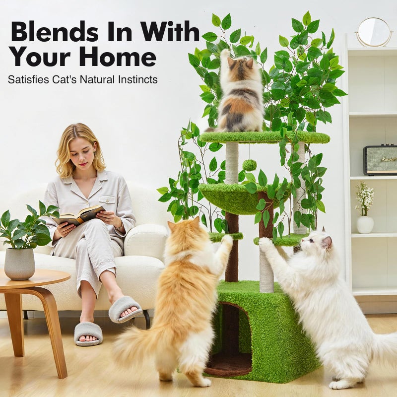 Woochpet 60 inch Cat Tree with Leaves for Climbing, Hiding and Sleeping Cat Tower with Hammock, Scratching Post and Large Cat House - Image 3