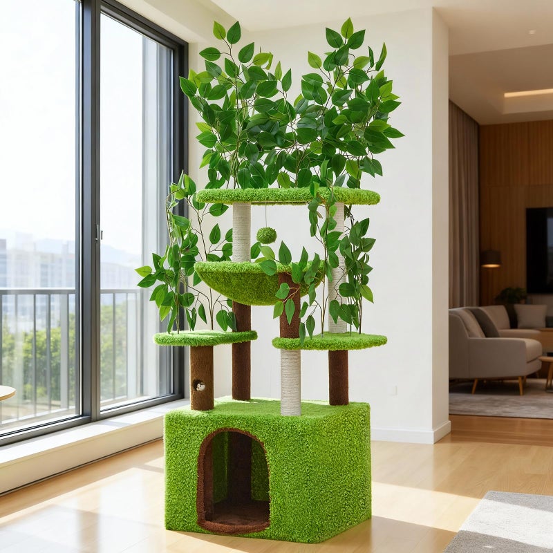 Woochpet 60 inch Cat Tree with Leaves for Climbing, Hiding and Sleeping Cat Tower with Hammock, Scratching Post and Large Cat House - Image 1