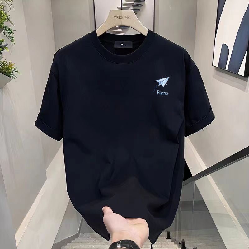 Couple'S Hong Kong Style Small Label Printed Short-Sleeved T-Shirt 2024 Summer Black And White T Men'S Top Round Neck Live Grass Planting - Image 1