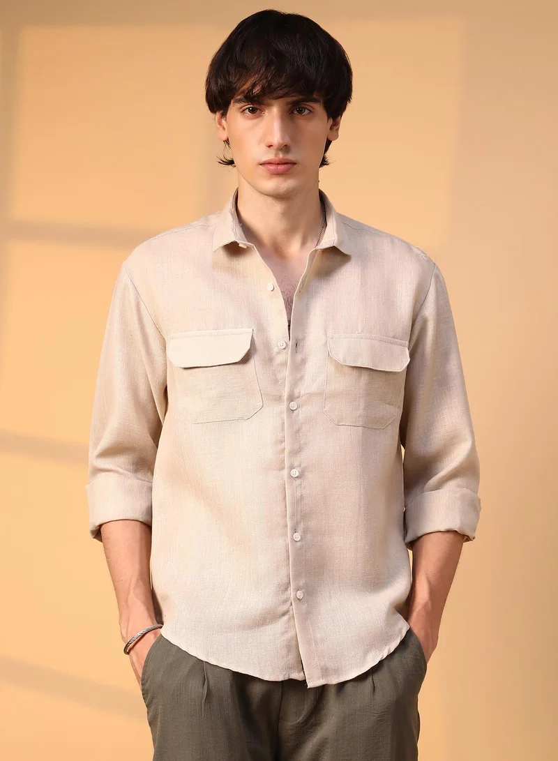 كامبوس سوترا قميص رجالي كاكي بيج سادة للاستخدام اليومي بياقة عادية وأكمام طويلة وإغلاق بأزرار