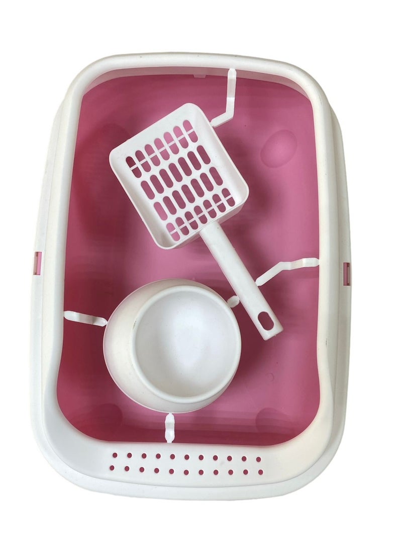 HAPPY PUSS Cat litter box 3 in 1: sand box, feeder bowl and cat litter scoop, plastic small cat litter box With High Sides, detachable, open litter tray with pet accessories: shovel and food bowl. Pink color - Image 2