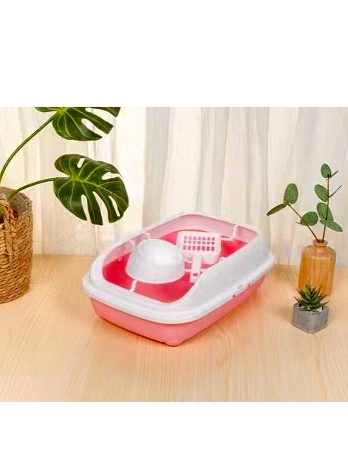HAPPY PUSS Cat litter box 3 in 1: sand box, feeder bowl and cat litter scoop, plastic small cat litter box With High Sides, detachable, open litter tray with pet accessories: shovel and food bowl. Pink color - Image 4