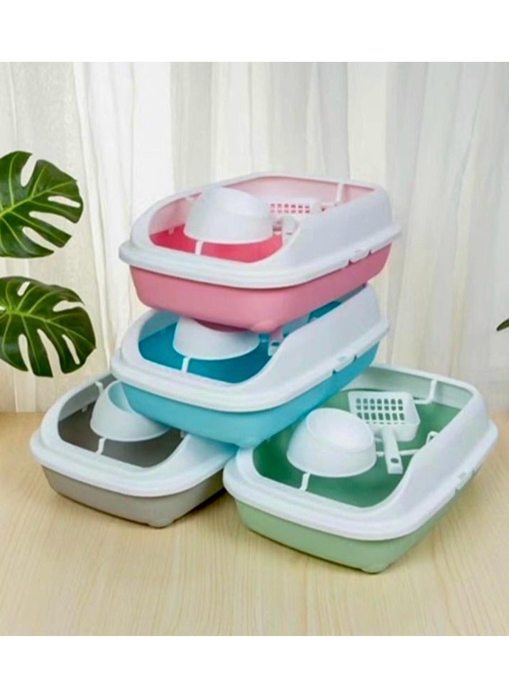 HAPPY PUSS Cat litter box 3 in 1: sand box, feeder bowl and cat litter scoop, plastic small cat litter box With High Sides, detachable, open litter tray with pet accessories: shovel and food bowl. Pink color - Image 5