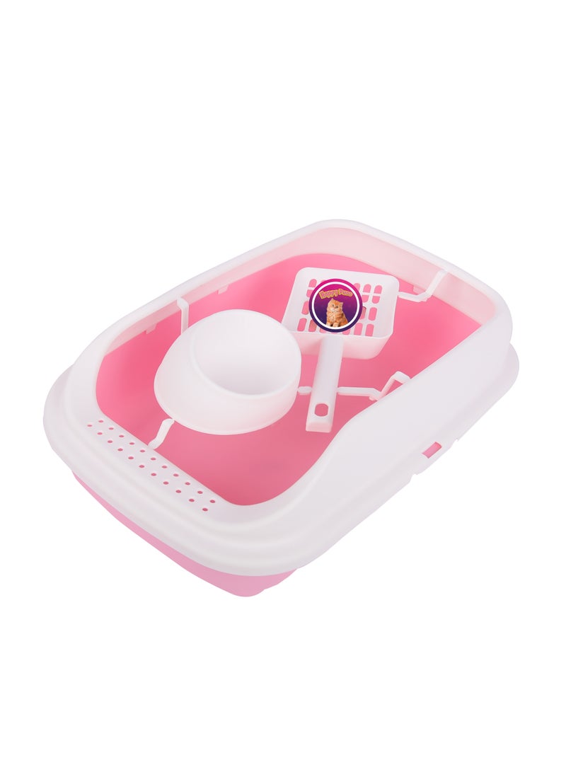 HAPPY PUSS Cat litter box 3 in 1: sand box, feeder bowl and cat litter scoop, plastic small cat litter box With High Sides, detachable, open litter tray with pet accessories: shovel and food bowl. Pink color - Image 1