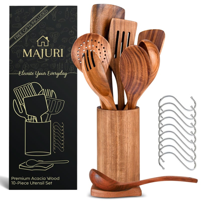 MAJURI 10-Piece Wooden Utensil Set with Holder, Spoon Rest & Hooks â€“ Durable Non Toxic Cooking Utensils - Wooden Spoons for Cooking, Ideal Kitchen Utensil Set for Cooking Enthusiasts & House Warming - Image 1
