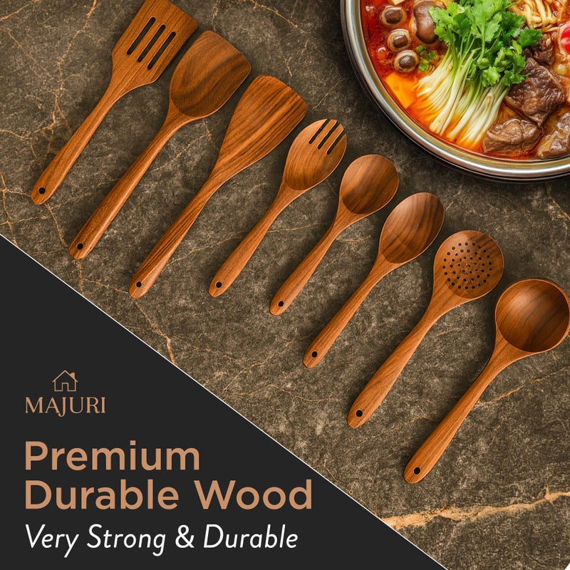 MAJURI 10-Piece Wooden Utensil Set with Holder, Spoon Rest & Hooks â€“ Durable Non Toxic Cooking Utensils - Wooden Spoons for Cooking, Ideal Kitchen Utensil Set for Cooking Enthusiasts & House Warming - Image 3