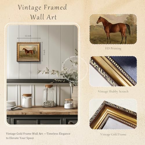 uniro Vintage Gold Framed Horse Wall Art Farmhouse Decor Horse Canvas Art Prints Painting Rustic horse Picture Western Wall Decor Antique Country Wall Decor for Living Room Bedroom Bathroom Office Farmhouse Western Home Decor 9x12Inch - Image 3