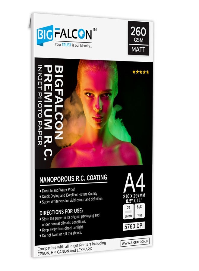 BIGFALCON Premium MATT Photo Paper 260 GSM A4 Size (210x297mm) RC Resin Coated Water proof Inkjet Photo Paper 20 Sheets for all Inkjet Printer (Pack of 1) - Image 1