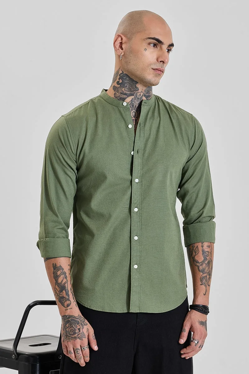 SNITCH Rich Sage Green Solid Long Sleeve Slim Fit Shirt