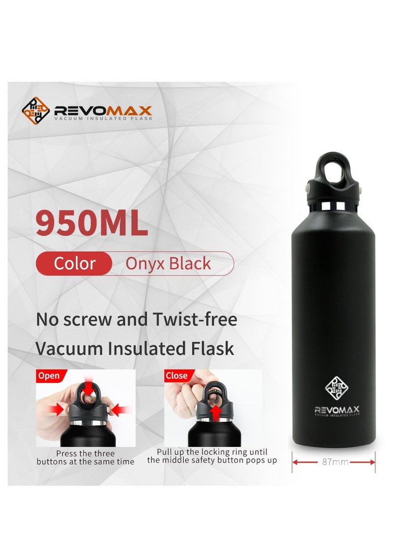 RevoMax Vacuum Insulated Flask with Twist Free Cap,Onyx Black 32oz/ 950ml.