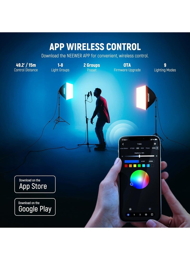 نيوير مجموعة إضاءة نيوير RGB بصندوق ناعم مع تحكم عبر التطبيق، عبوتان، 24 واط لمبات LED، صناديق ناعمة 24 بوصة لتصوير الاستوديو، NK800 - Image 3