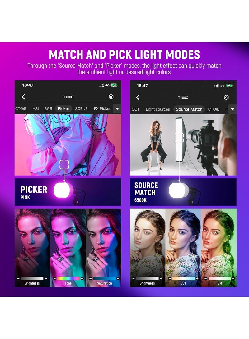 نيوير مجموعة إضاءة نيوير RGB بصندوق ناعم مع تحكم عبر التطبيق، عبوتان، 24 واط لمبات LED، صناديق ناعمة 24 بوصة لتصوير الاستوديو، NK800 - Image 5