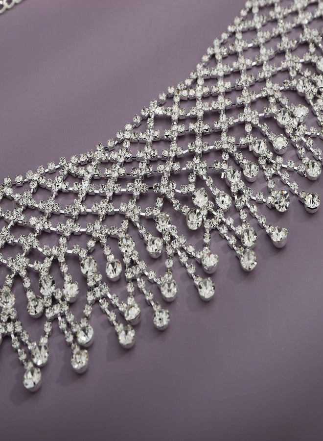 يرتير قلادة YERTTER Dainity كاملة من أحجار الراين، سلسلة فضية سميكة، طوق مزين بشرابة كريستالية، قابلة للتعديل، مناسبة للحفلات الموسيقية والنوادي الليلية للنساء (فضي 1) - Image 5