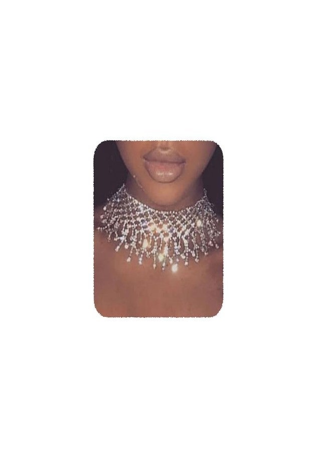 يرتير قلادة YERTTER Dainity كاملة من أحجار الراين، سلسلة فضية سميكة، طوق مزين بشرابة كريستالية، قابلة للتعديل، مناسبة للحفلات الموسيقية والنوادي الليلية للنساء (فضي 1) - Image 1