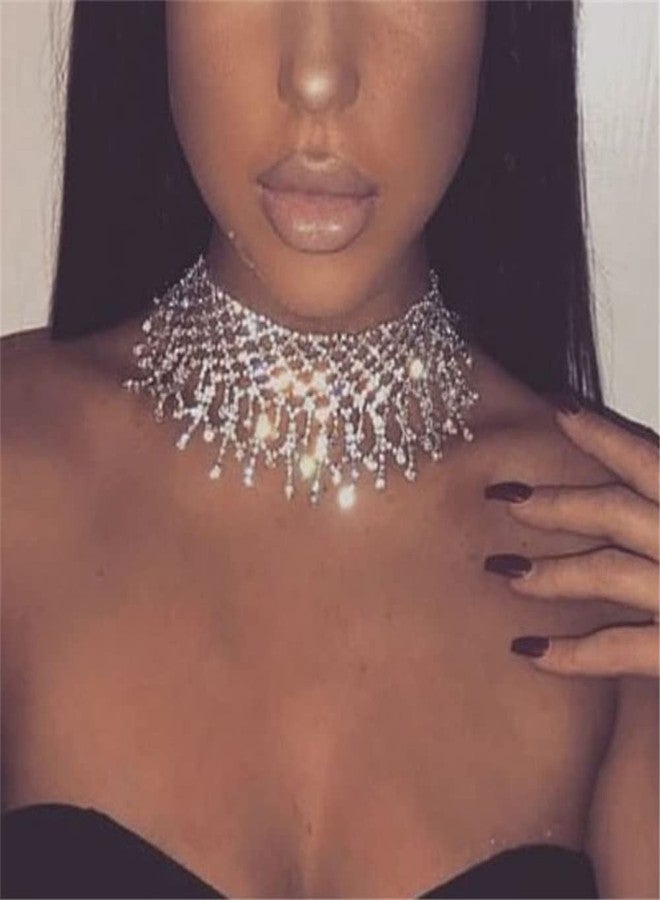 يرتير قلادة YERTTER Dainity كاملة من أحجار الراين، سلسلة فضية سميكة، طوق مزين بشرابة كريستالية، قابلة للتعديل، مناسبة للحفلات الموسيقية والنوادي الليلية للنساء (فضي 1) - Image 2