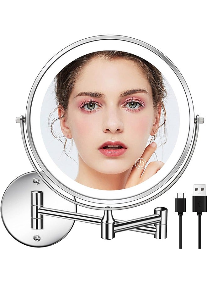 JCB CHIC Rechargeable Lighted Makeup Mirror 8 Inch Wall Mounted Makeup Mirror Double-Sided 1X/10X Magnification LED Vanity Mirror Touch Screen 360° Swivel Bathroom Mirror 13 Inch Extendable - Image 1