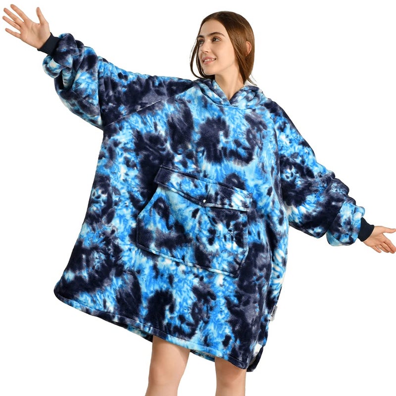 Krifey Wearable Blanket Hoodie, Oversized Sherpa Fleece Sweatshirt with Giant Pocket, Birthday Gifts for Women, Mom, Sister, Dark Blue Tie Dye - Image 1