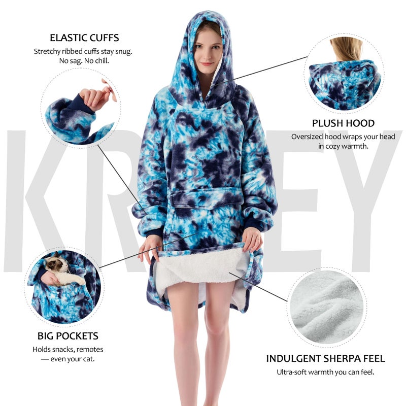 Krifey Wearable Blanket Hoodie, Oversized Sherpa Fleece Sweatshirt with Giant Pocket, Birthday Gifts for Women, Mom, Sister, Dark Blue Tie Dye - Image 3