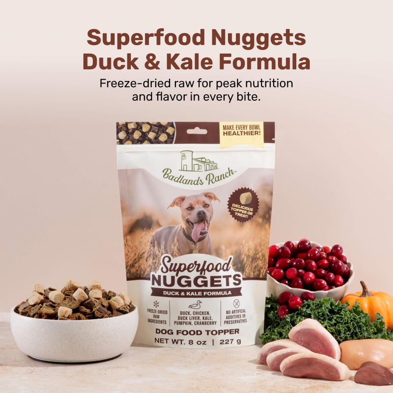 BADLANDS RANCH Superfood Nuggets â€“ Freeze-Dried Raw Dog Treat & Food Topper, Nutrient-Dense Duck & Kale Formula, High Protein, No Artificial Additives, 8oz Bags (4-Pack Bundle) - Image 1