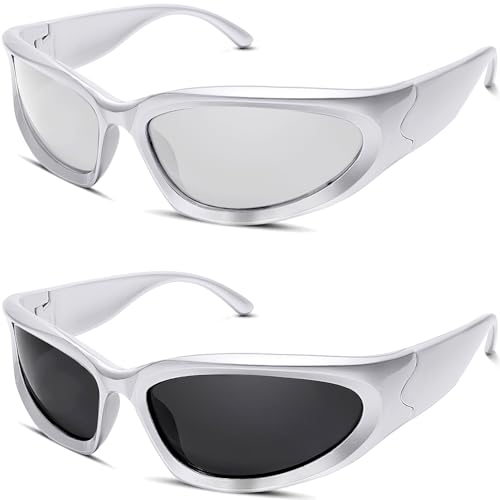 knliwkm 2 Pairs Y2K Wrap Around Sunglasses Sports Futuristic Oval Glasses for Women Men Trendy Fashion Shades Silver - Image 1