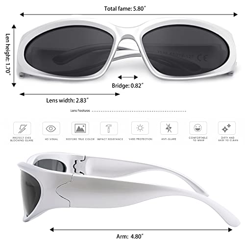 knliwkm 2 Pairs Y2K Wrap Around Sunglasses Sports Futuristic Oval Glasses for Women Men Trendy Fashion Shades Silver - Image 5